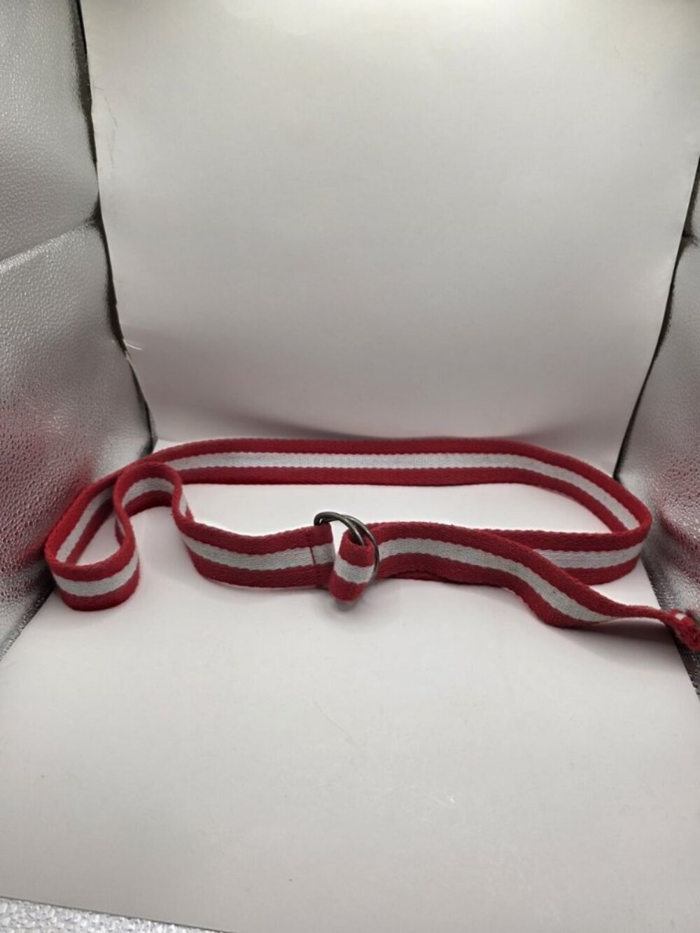 Men's Red & White Striped Canvas Web Belt D-Ring Buckle Adjustable Casual
